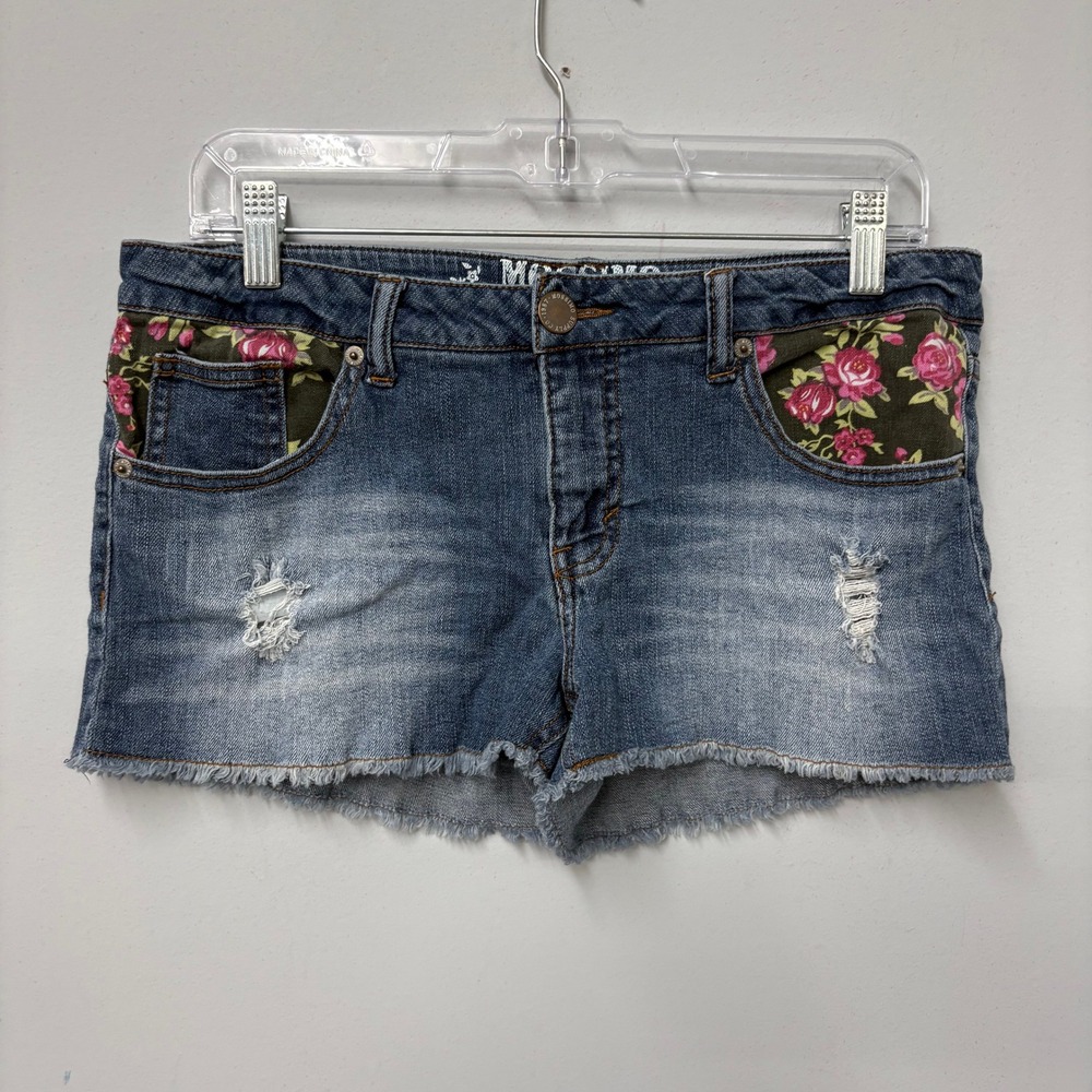Vtg Y2K Mossimo Womens 13 Blue Floral Pocket Micro Mini Cut Off Denim Shorts